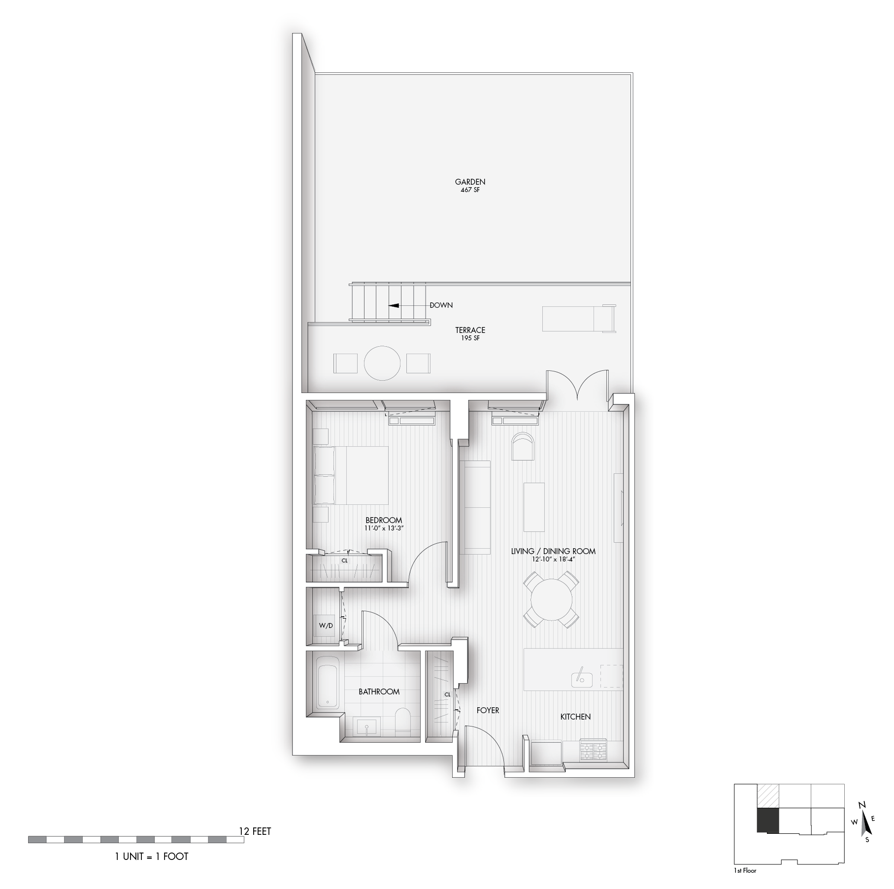 Floor plan for 1 bed, 1 bath, 678 sqft